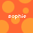 Pixelated orange background with scattered circles and two instances of the word 'sophie' in white text.