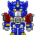 Pixel art depiction of a blue and red robot with yellow accents, featuring a helmeted head, chest vents, and dual arm-mounted cannons on a gray background.