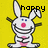 Pixelated bunny icon with yellow background, pink nose, and blue eyes; left side shows 'happy' text above the bunny, right side shows 'bunny' text.