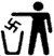 Three black stick figures each hold a swastika above an open trash bin against a gray background, with varying arm positions across frames.