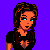 Pixelated cartoon character with brown hair and blue eyes, wearing a black crop top and blue jeans with orange and white patches, standing against a solid purple background.