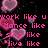 Pixelated pink text on black background with floating heart shapes, displaying phrases about living and dancing.