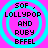 Four identical pixelated icons with cyan concentric circles on a bright pink background, each displaying black text reading SOF, LOLLYPOP AND RUBY BFFEL.