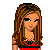 Pixel art contact sheet showing a female character in various poses with red and black striped crop top, dark pants, long brown hair, and visible belly button, alongside text elements "chick" and "sporty" on black backgrounds.