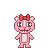 Pixelated pink cartoon character with red bow, wide eyes, and open mouth showing teeth against gray background.