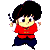 Pixelated character in red top and dark pants with black hair, shown in multiple poses with varying arm positions and facial expressions.