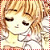 Pixelated anime-style icon of a character with closed eyes, light brown hair, and a white top with a yellow accent, bordered by red and white checkered pattern.