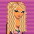 Pixel art of a blonde doll with long hair, wearing a bikini top and blue jeans with heart patches, standing against a pink striped background with text elements.