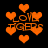 Orange pixelated hearts and text reading "LOVE TIGERS" on a black background, with some elements blurred or distorted.