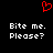 Red pixelated heart symbol above white text reading "Bite me. Please?" on black background.