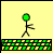 Pixelated stick figure with green head and black limbs stands on patterned platform against colored background, changing pose across four