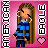 Pixel art contact sheet showing two frames of an animated AIM buddy icon with a cartoon girl character against pink background, featuring text and heart symbols changing between frames.