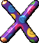Three X-shaped objects with purple, blue, yellow, pink, and orange segments, each segment featuring a smiley face or solid color, arranged in a on a gray background