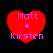 Four red heart-shaped icons with pink text 'Matt + Kirsten' on black background, varying in pixelation and size.