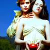 Two figures in classical-style garments stand against a blue sky, one holding a red spherical object with both hands.