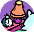 Animated cartoon character with orange lamp, purple glasses, and light blue hair in circular frame.