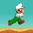 Pixelated Luigi in green overalls and white shirt runs across a turquoise background with brown ground