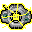 Pixelated cartoon face with yellow outline, gray and black features, and blue-green eyes, displayed in three variations on gray background.