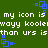 Green background with white pixelated text repeating 'my icon is wayy kooler than urs' and blue square-shaped animated elements.