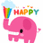 Pixelated pink elephant holds rainbow-colored object with blue cloud above, next to colorful 'HAPPY' text on white background.