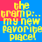 Yellow pixelated text on blue and pink background reads "the tramp:... my new favorite place!" in four repeated sections.