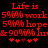Red pixelated text on black background reads "Life is 50% work 50% hope & 90% fun" with four red stars and one brown star below.