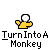 Pixelated monkey character transforms from a yellow bear-like figure with white ball to brown monkey in multiple poses, accompanied by red text and motion effects.