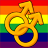 Golden intertwined rings on a rainbow striped background with red, orange, yellow, green, blue, and purple horizontal bands.
