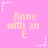 Pink background with repeating text "Anne with an E" in light pink, surrounded by white and pink star-shaped pixel clusters.