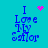 Pixelated blue text "I Love My Sailor" on cyan background with pink heart and dot animations above "I".