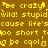 Yellow pixelated text on brown background repeats phrases like 'be crazy', 'stupid wild!', and 'life's too short' in a looping animation.