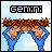 Pixel art buddy icon featuring two identical cartoon figures with brown hair and blue outfits under the text "GEMINI" on a light blue background.