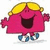 Pixelated pink character with yellow hair, blue shoes, and white socks stands against white background, next to pink background with black text reading 'little miss chatterbox'.