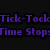Pixelated anime-style character with white hair and purple accents, featuring text overlays reading "Tick-Tock Time Stops" and "Time Beauty" on dark and light backgrounds.