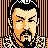 Pixelated 48x48 static buddy icon featuring a stylized male character with black hair, mustache, and beard against orange vertical stripes background.