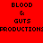 Red background with black pixelated text reading "BLOOD & GUTS PRODUCTIONS" in two identical horizontal , displayed in a