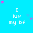 A static image with a bright cyan background displaying repeated text "I luv my bf" in white pixelated font, surrounded by scattered pink and purple stars.