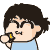Pixelated cartoon character with dark brown hair and light blue shirt holds yellow object near mouth across multiple expressions.