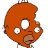 Pixelated orange character with large white eyes, brown mouth, and small brown nose on white background.
