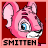 A 9-frame contact sheet of a pink cartoon animal mascot with blue eyes and white muzzle, displayed on red background with "SMITTEN" text below each frame.