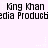 Pixelated text repeats 'Kng Khan' and 'edia Producd' on a light purple background with scattered white star shapes.