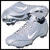 A static image showing a pair of silver soccer cleats, red and white goalkeeper gloves, and a black-and-white soccer ball arranged in separate