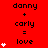 Red background displays three of text with 'danny + carly = love' and varying heart counts, transitioning from one to four hearts per