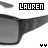 Black-and-white pixelated image of sunglasses with 'LAUREN' text above and two small symbols below, displayed in a