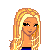 Pixel art of a blonde woman with long hair, blue top, and light blue jeans standing next to a blue Eiffel Tower icon on white background.