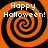 Four identical orange and black spiral patterns with "Happy Halloween!" text in white pixelated font, arranged in a on an orange background