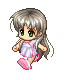 Pixel art character with silver hair and green eyes in a pink and white dress, shown in multiple walking poses against a gray background.