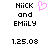 Pixelated text displays 'NiiCK and EMiLY' with a pink heart symbol above the right side of the text, dated 1.25.08.