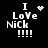 Black background displays white pixelated text "I Love Nick !!!!" with a heart symbol above "Love" in one view and a starburst symbol in another view.