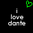 Green pixelated heart symbol above two identical text blocks reading 'i love dante' on black background.